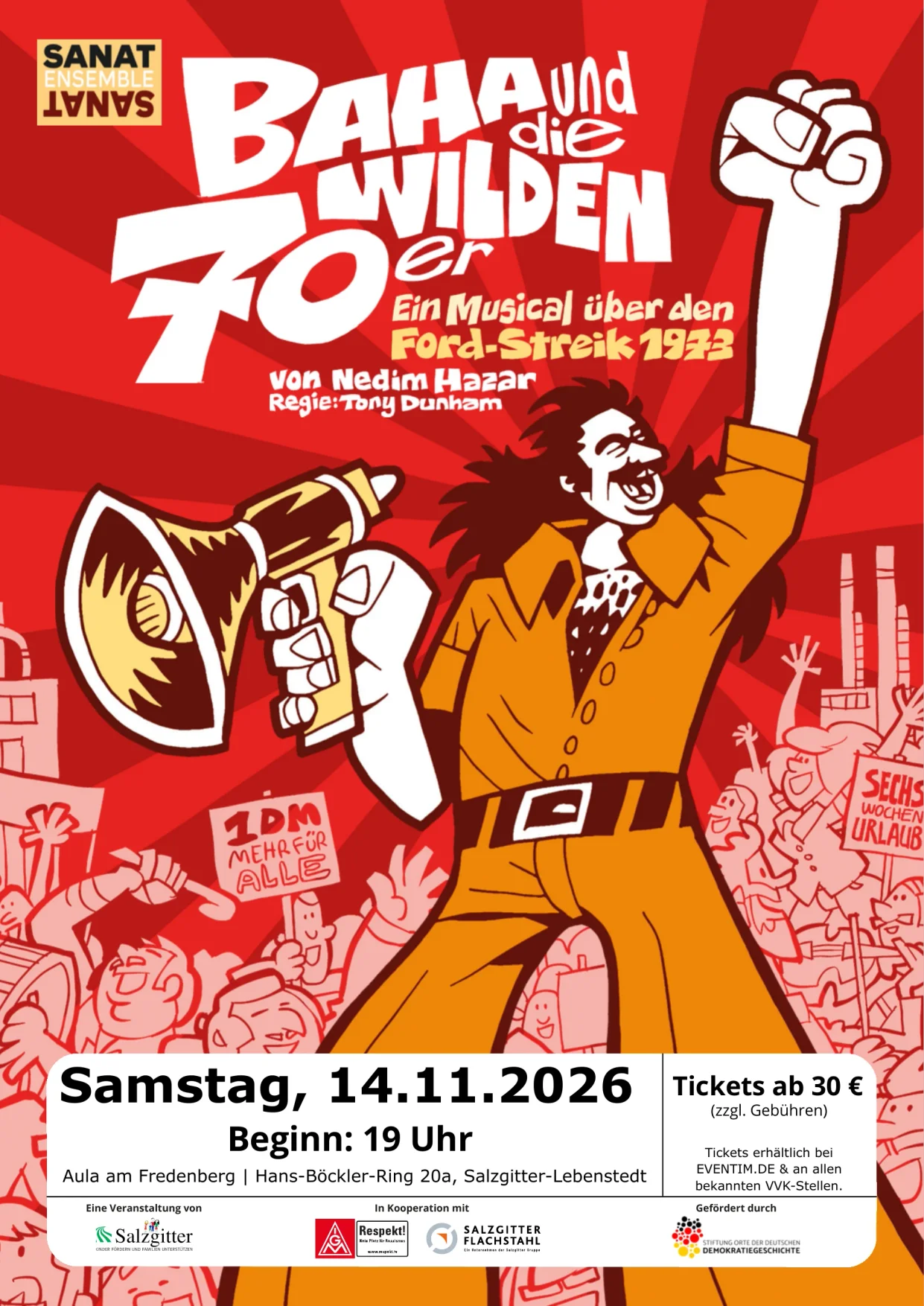 Plakat Baha und die wilden 70er - Musical über den Ford-Streik 1973 am 14. November 2026 in der Aula am Fredenberg